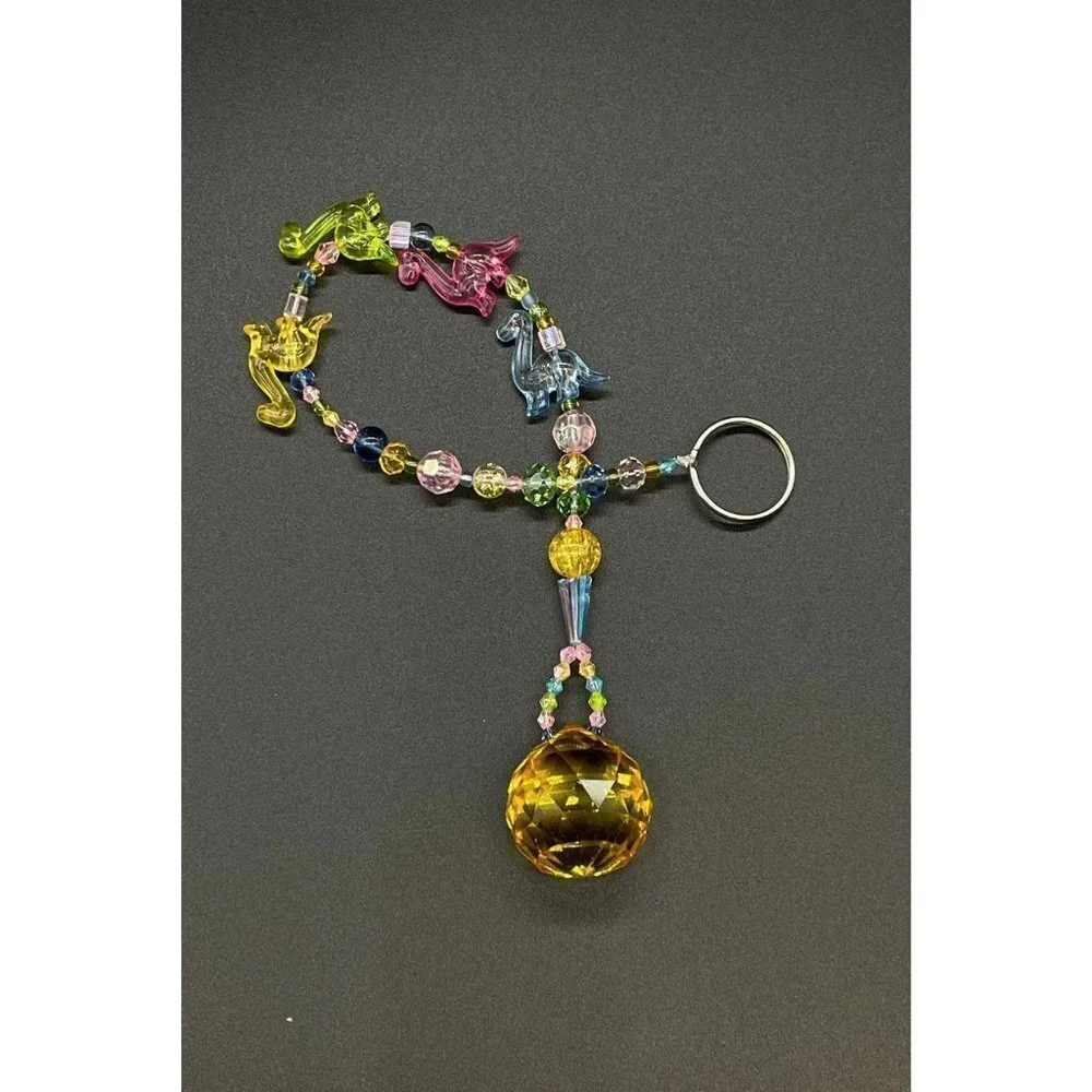 Dinosaur Beaded Suncatcher  - Pastel - Yellow Crystal Prism - Hanging Decor